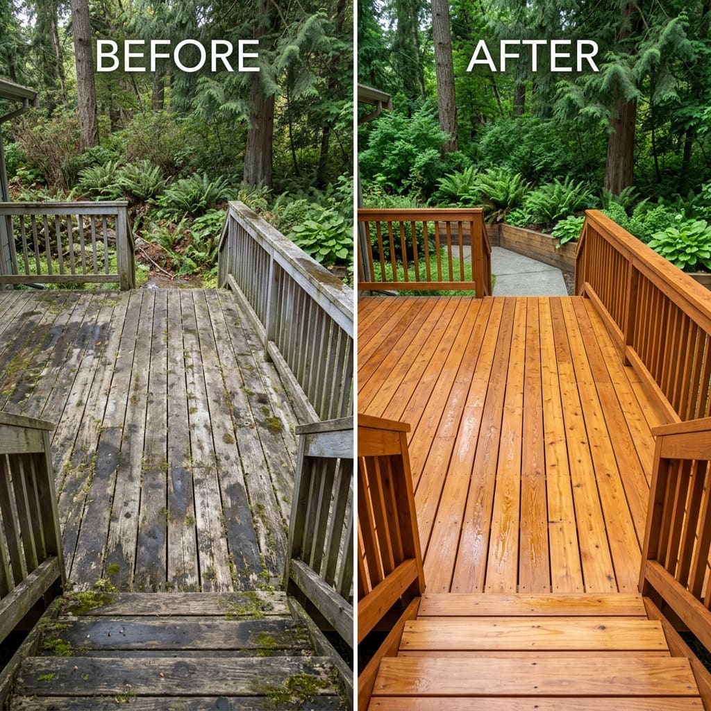 Cedar deck waterproofing before and after in Bellevue WA